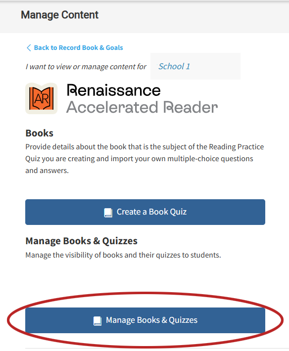 the Manage Books and Quizzes button